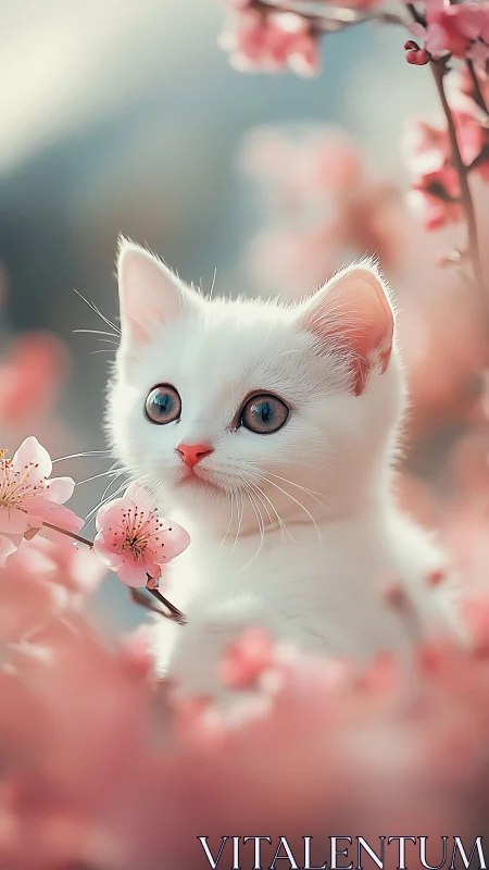 White cat with blue eyes among pink cherry blossom flowers