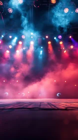 Colorful stage lights glow warmly above an empty smoky floor