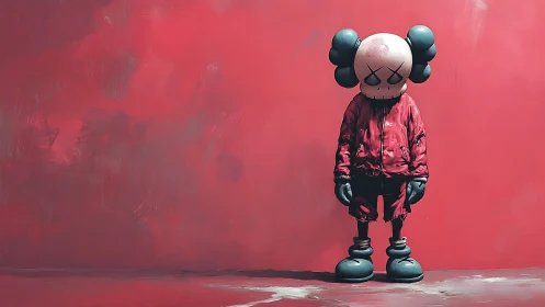 Melancholic cartoon figure in red streetwear on scarlet wall.