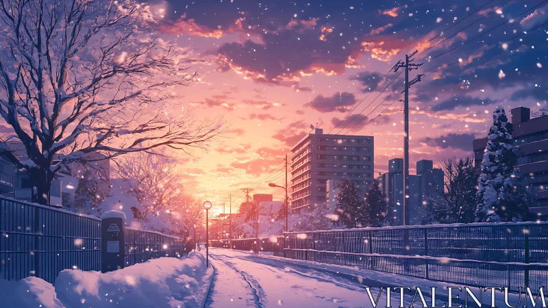 Urban winter street under sunset sky with falling snow.
