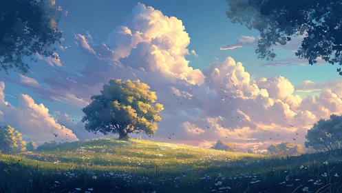 Single tree on sunlit meadow under volumetric cumulus cloud bank