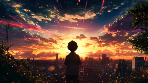 Sunset city skyline embraced by a thoughtful young dreamer.