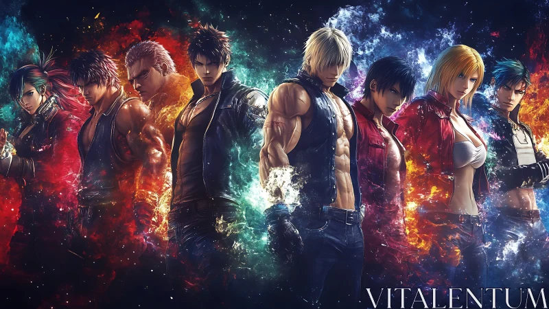 Lineup of stylized fighters stands before abstract energy fields