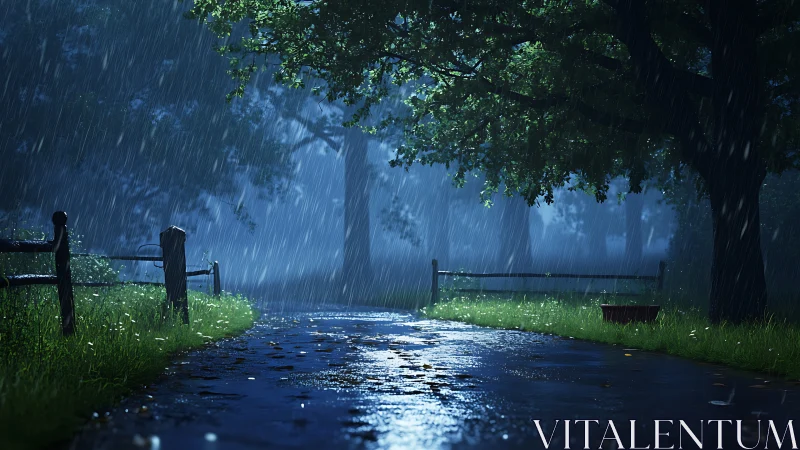 Rain-polished country lane listens quietly to moonlit storms