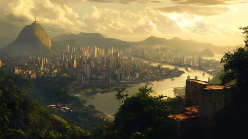 Sunlit coastal megacity panorama with river inlet and forest hills