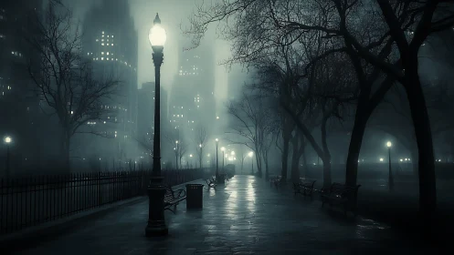 Midnight fog stroll under stubborn city lamplights.