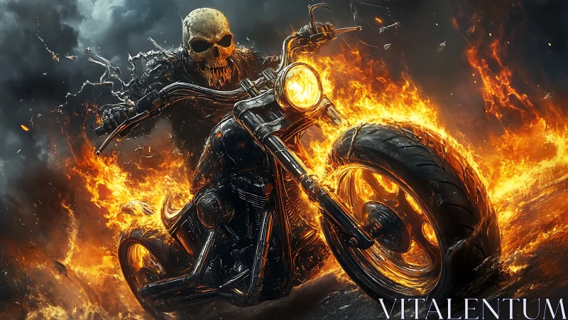 Flaming skeletal rider drives high-contrast chopper through firestorm