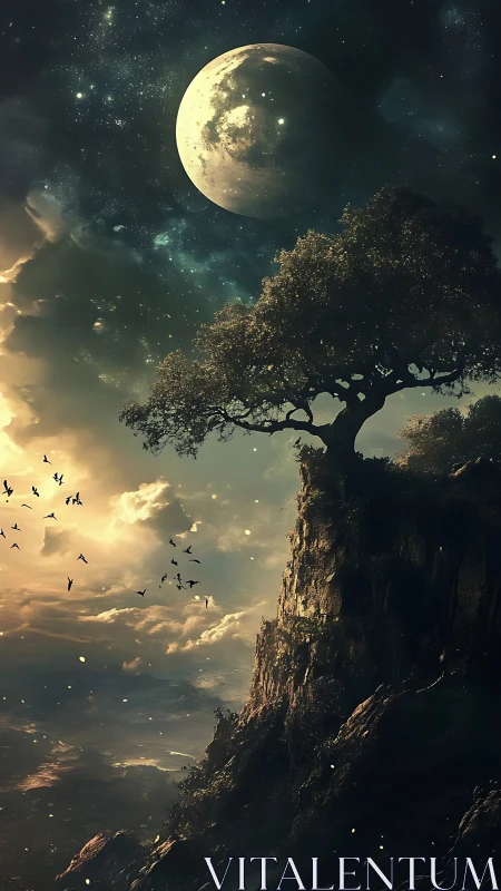 Luminous moonrise over cliffside tree in atmospheric fantasy painting.