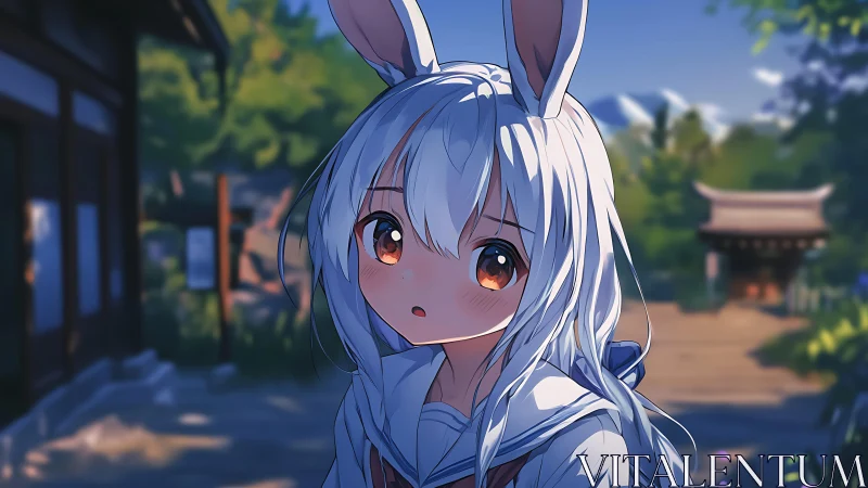 Soft-eyed bunny girl pauses in a tranquil shrine path.