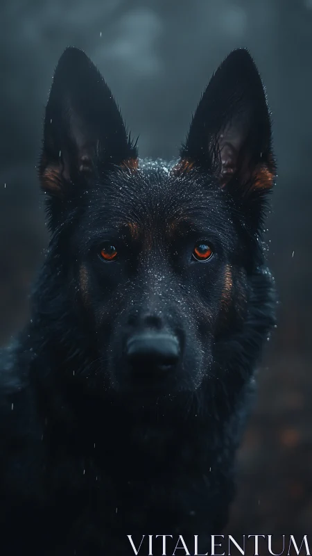 Stormlit shepherd stares through rain with ember-bright eyes.