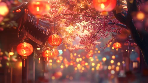 Lantern-lit street with cherry blossoms during evening.