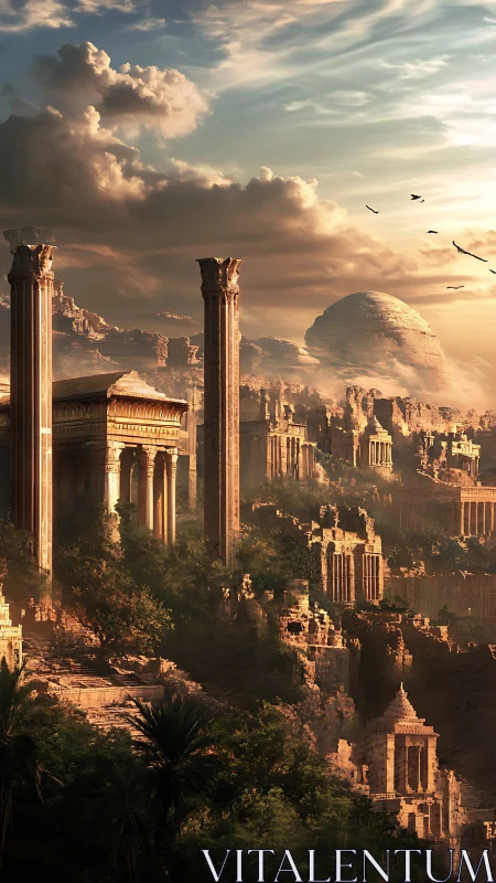 Sunlit terraced stone metropolis with colossal classical ruins