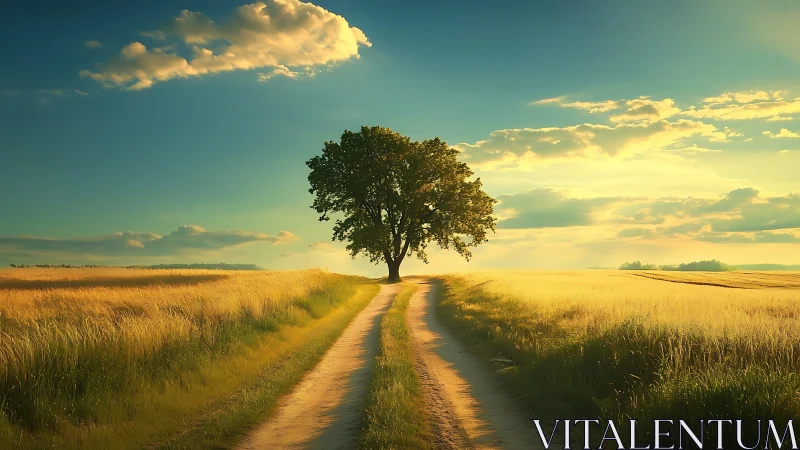 Solitary field guardian greeting a golden evening road.