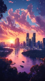 Sunlit river winding through neon-lit futuristic skyline.