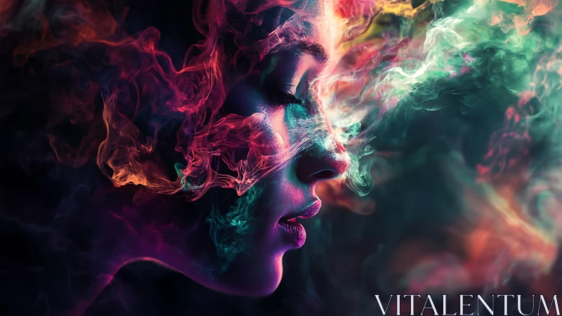 Profile of female face with multicolored smoke overlayed.