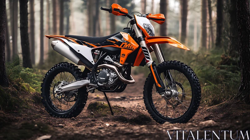 Orange off-road motocross motorcycle parked on forest trail