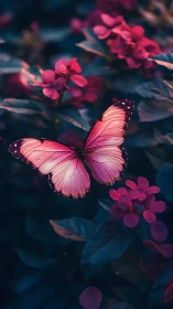 Gentle pink butterfly rests softly among twilight blooms