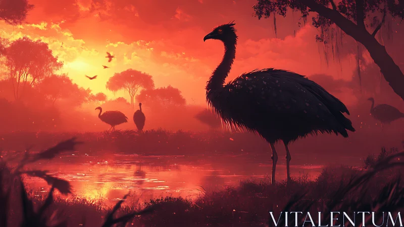 Giant wading bird surveys crimson wetland at sunset