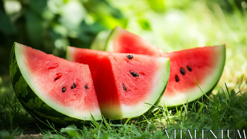 Sunlit watermelon wedges rest on grass in shallow focus