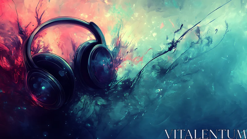 Headphones drift through neon waves of abstract sound.