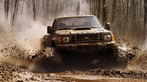 Off road truck powers through muddy forest track at speed