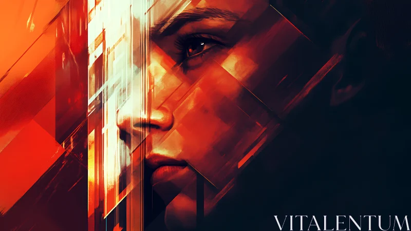 Angular portrait of a face in bold red geometric light.