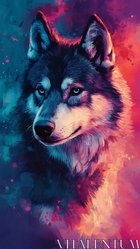 Vibrant digital wolf portrait in bold neon colors.