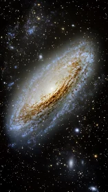 Edge-on spiral galaxy with bright core amid dense starfield.