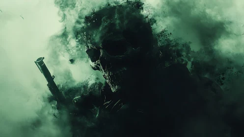 Skeletal figure with rifle emerging from dense green smoke.