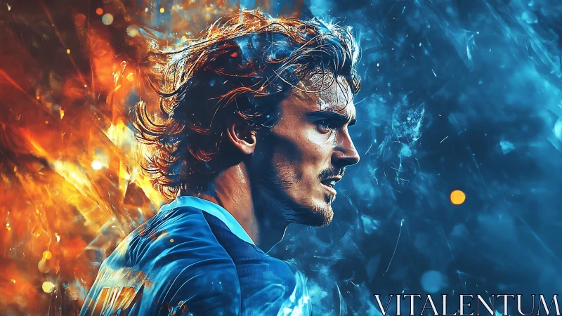 Profile portrait of soccer player amid fire and ice energy