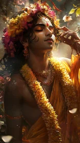 Figure in floral garlands with closed eyes in warm light.