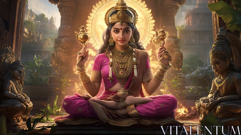 Golden goddess meditates in luminous temple courtyard.