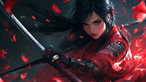 Scarlet samurai heroine poised in swirling crimson petals.