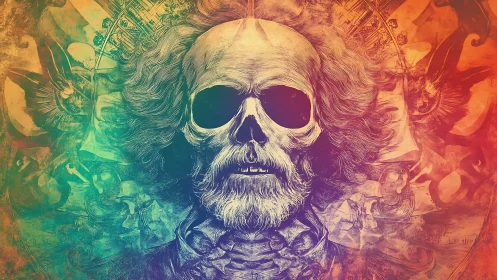Chromatic skeletal portrait with radiating spectral linework.