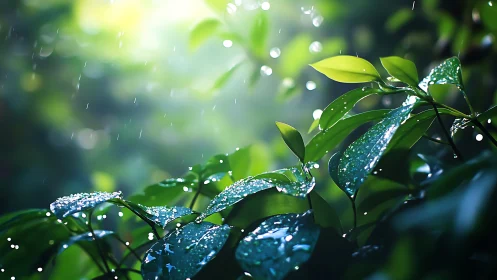 Backlit rainforest leaves capture raindrops in high saturation
