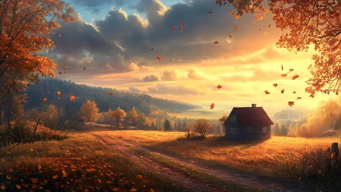 Autumn farmhouse glows under stormlit golden evening sky.