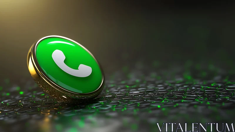 Glossy green call icon on metallic textured digital surface.