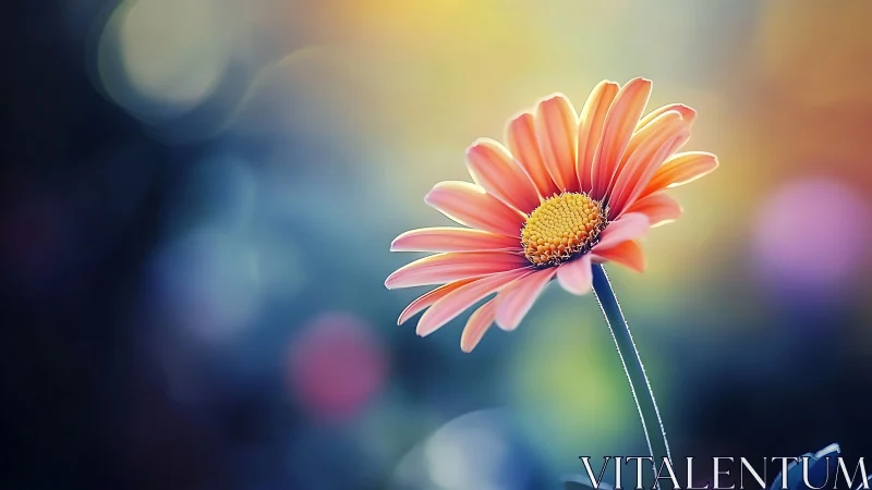 Coral Gerbera Daisy Against Soft Bokeh Background.