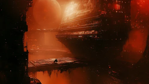 Massive cuboid megastructure hovers above red industrial void