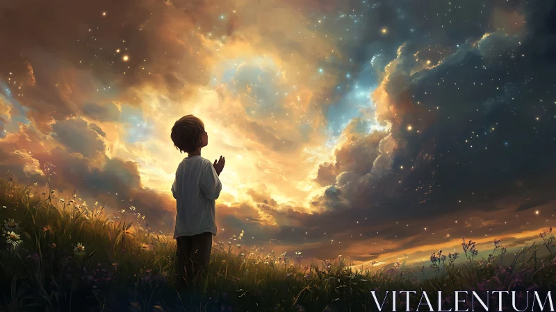 Child gazing at a glowing sky of stars and golden clouds.