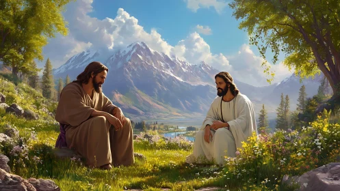 Two robed figures seated in alpine meadow before mountains.