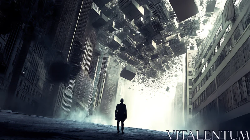 Solitary figure observes collapsing geometric city sky