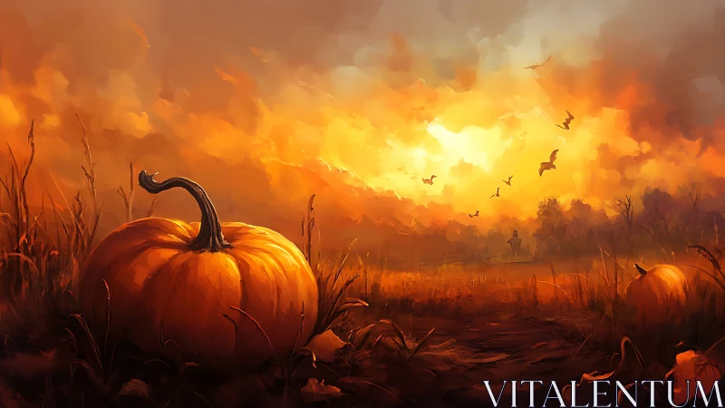 Autumnal pumpkin field under radiative sunset skyscape.