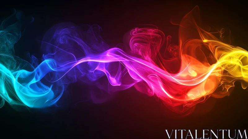 Prismatic smoke river weaving neon light across darkness.