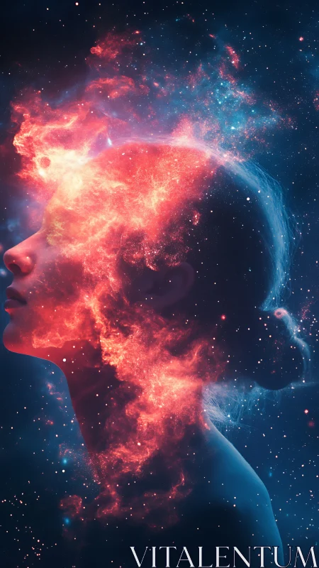 Cosmic female silhouette merges with radiant nebula field.