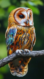 Jewel-feathered owl perches like living autumn fire.