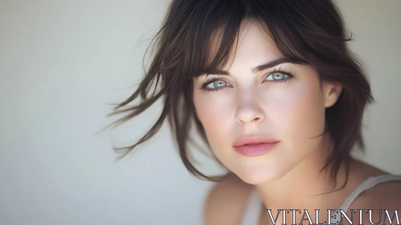 Softly lit portrait with calm blue eyes and gentle gaze.