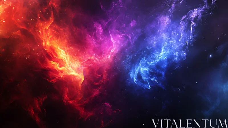 Tri-color gaseous nebula forms in deep black background.