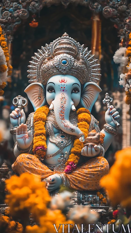 Marigold-wreathed deity sits glowing in jeweled serenity