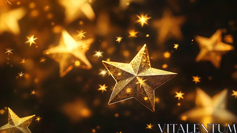 Golden glitter stars float in cinematic bokeh field.